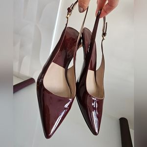 Zara Faux Patent Leather Slingback Kitten Heel US 6.5 Burgundy